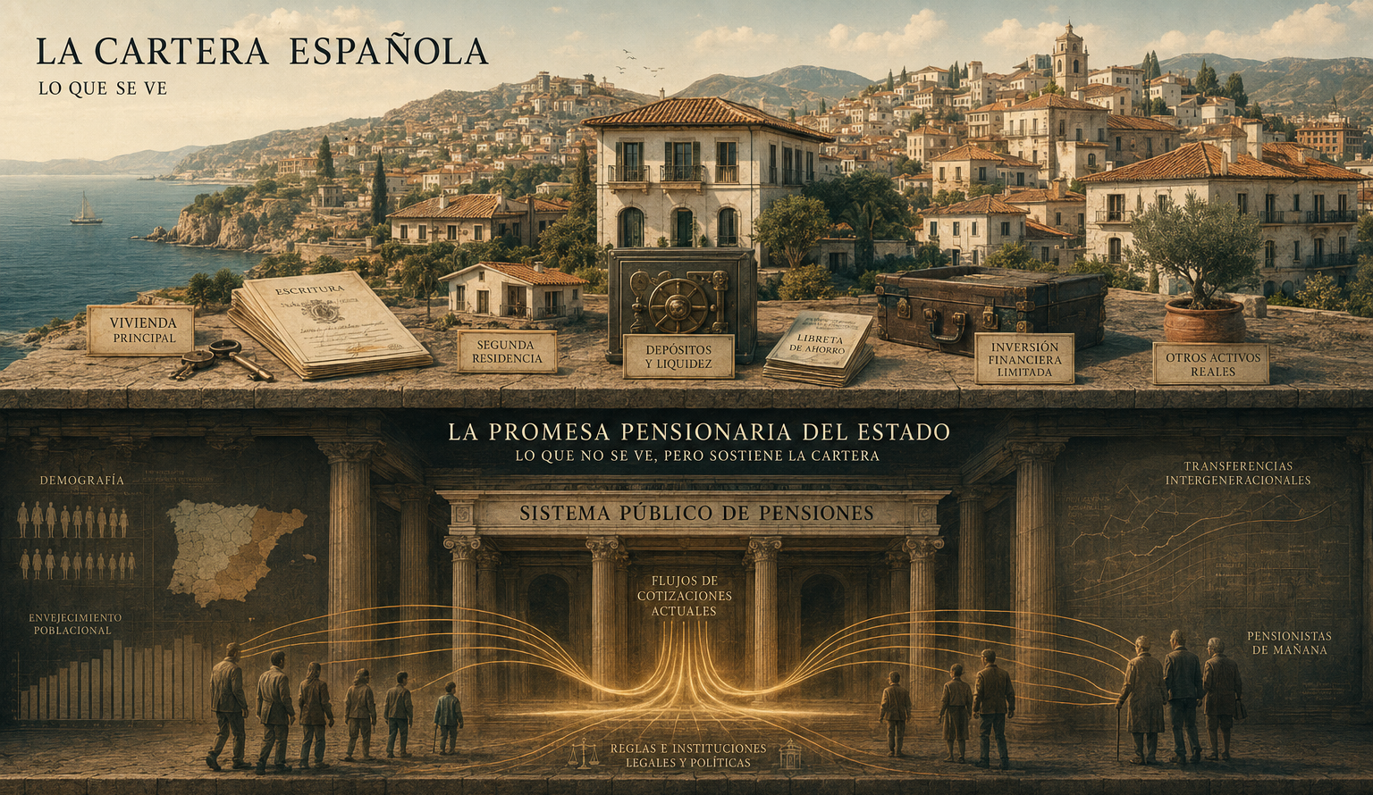 Lámina editorial sobre la cartera española visible y la promesa pensionaria del Estado.